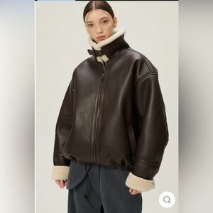 storets Dark Brown Bomber Jacket with Cream Shearling Trim